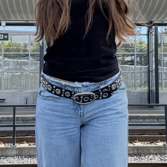 Streets Ahead Accessories - STREETS AHEAD Wide Studded Black Silver Grommet Belt S Made in USA Y2K Grunge